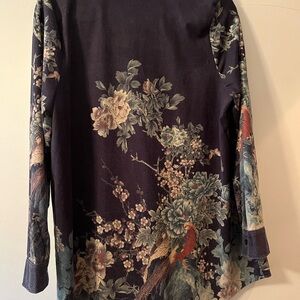 Soft Surroundings Navy Tunic with Floral & Bird Print